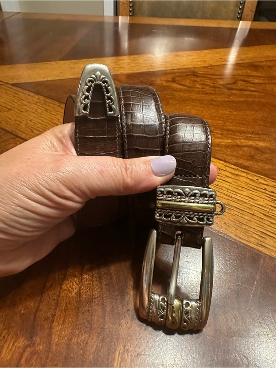 Brighton Accessories - Brighton Brown Croc-Embossed Leather Belt with Decorative Silver-Gold Buckle